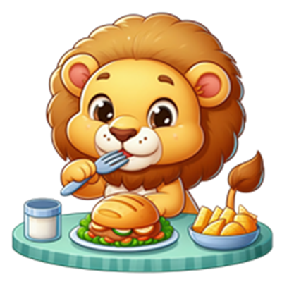 En sød, tegneserieagtig løve sidder ved et bord og nyder en burger med pomfritter.