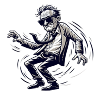 En karakter i jakkesæt og solbriller, der danser med en funky attitude.