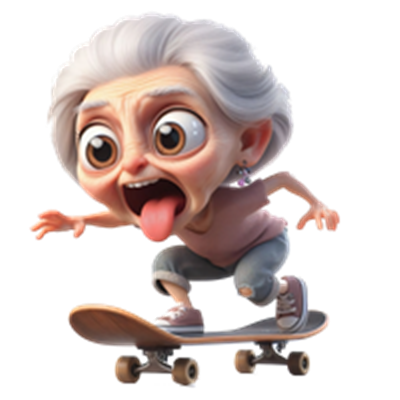 En livlig, animeret bedstemor, der skateboarder med et stort smil og tungen ude.