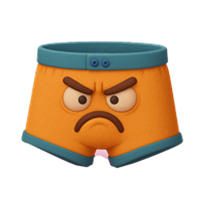 En emoji af et par orange underbukser med en sur ansigtsudtryk og blå elastik.