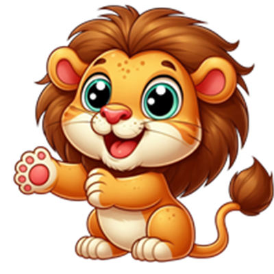 En farverig og glad tegneserieversion af en løve med store øjne og en venlig attitude.