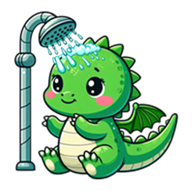 En farverig, sød dragebarn, der nyder et brusebad under en vandstråle.