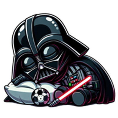 En tegnet version af Darth Vader, der slapper af med en fodbold og et lyssværd.
