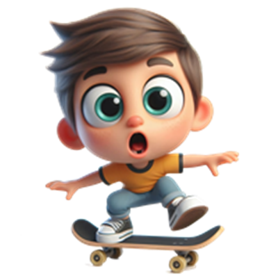 En ung dreng med brunt hår og store øjne, der skateboarder og ser begejstret ud.