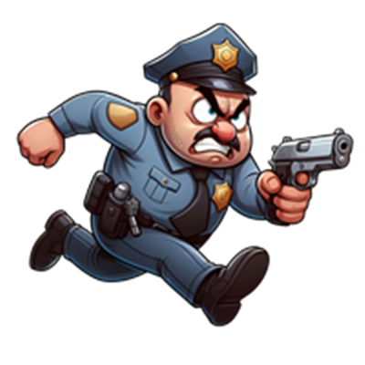 En tegneserieagtig politimand, der løber med en pistol, klar til aktion.