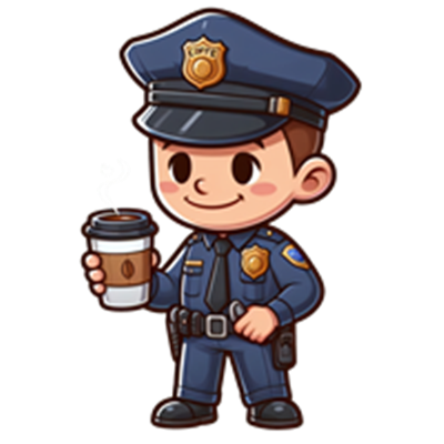 En tegneserieagtig politibetjent holder en kaffekop og smiler.