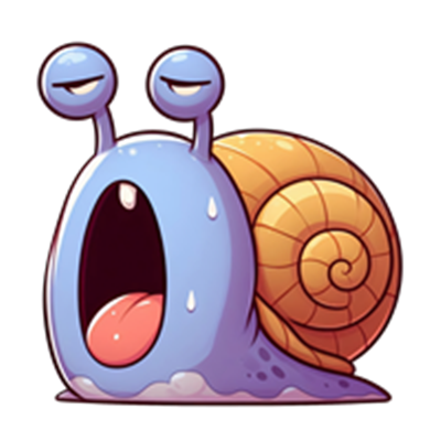 En farverig, cartoon-agtig snegl med en åben mund og trætte øjne.