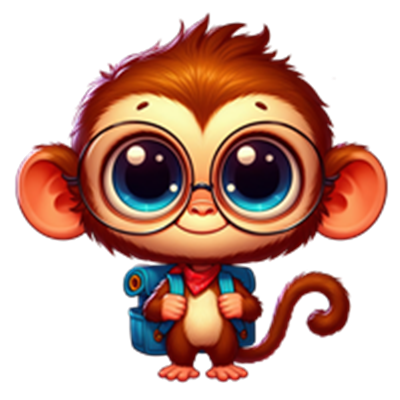 En sød, tegnet abe med store øjne, briller og en rygsæk, der ser venlig ud.