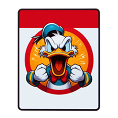 Et farverigt billede af Donald Duck, der ser vred ud med en intens udtryk.