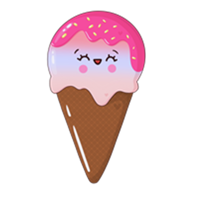 Et tegnet billede af en isvaffel med en glad ansigt og pink drys på toppen.