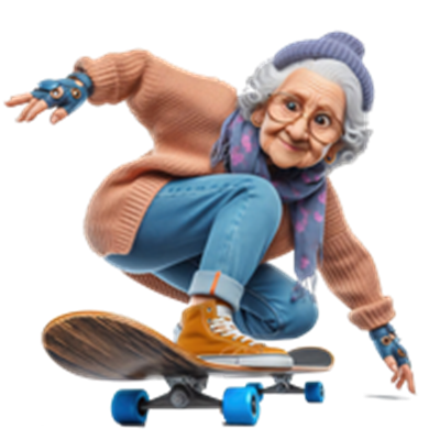 En livlig ældre dame, der skater på en skateboard, iført moderne tøj og accessories.