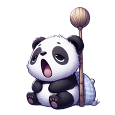 En sød, tegnet panda sidder og gaber med en kost ved sin side.