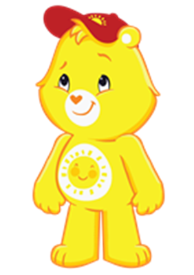 En farverig, gul bamse iført en rød kasket med et solsymbol på maven.