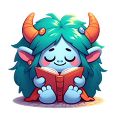 Et sødt, fantasifuldt væsen med horn og farverigt hår, der læser en bog.
