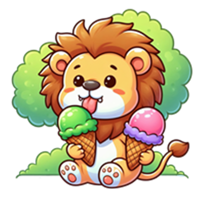 En tegneserieagtig løve, der holder to isvafler med grøn og pink is, omgivet af grønne buske.