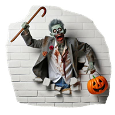 En zombie i en slidte suit, der bryder igennem en mur, holder et græskar.