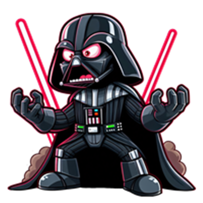 En tegneserieversion af en ikonisk karakter, der holder to røde lysvæsner.