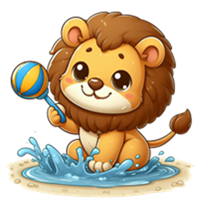 En sød, tegneserieagtig løve, der leger med en rangle i vandet.