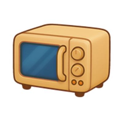 En illustration af en retro mikrobølgeovn med en blå glasfront og kontrolknapper.