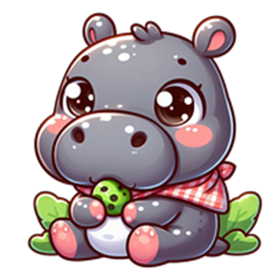 En nuttet tegneserie-flodhest med store øjne, der holder en grøn kugle og sidder på græs.