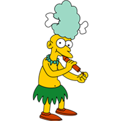 En farverig tegneseriefigur med en blå frisure og en græs nederdel, der spiller fløjte.