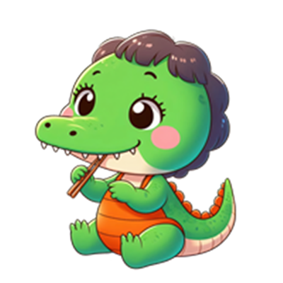 En farverig, tegneserieagtig krokodille med kort hår, der spiller på en fløjte.