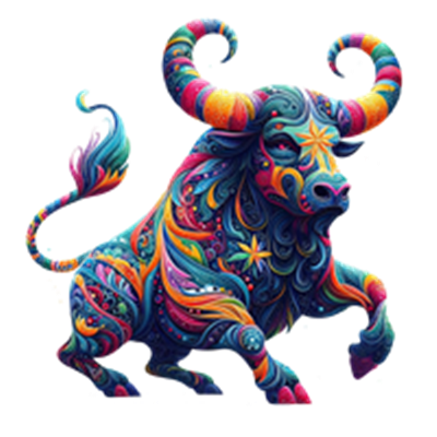 En detaljeret, farverig illustration af en tyr med kunstneriske mønstre.