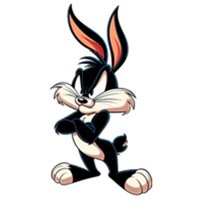 En sort og hvid tegneseriekanin med store ører, der står med armene over kors.