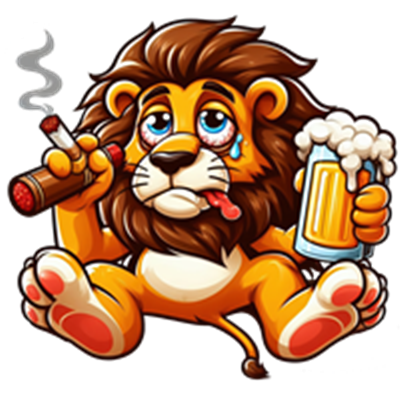 En tegneserie-lignende løve, der sidder afslappet med en øl og en cigaret, ser træt ud.