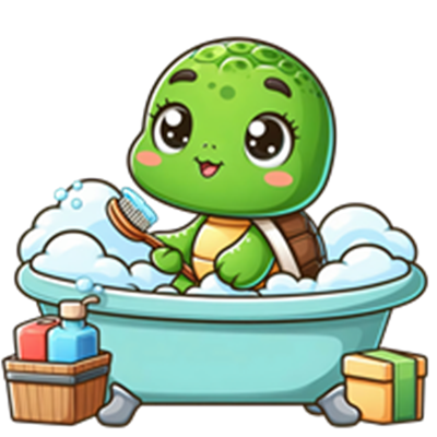 En glad skildpadde i et badekar fyldt med skum, der holder en tandbørste.