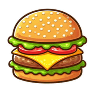 En illustreret burger med sesamfrøbolle, salat, tomat, ost og bøf.