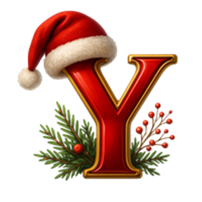 Et stort, rødt bogstav Y iført en nissehue, omgivet af julegrønne elementer.