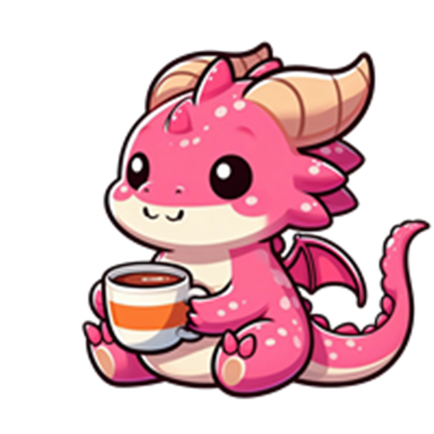 En lille, sød rosa drage sidder og holder en kop kaffe, med store øjne og horn.