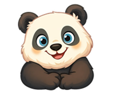 En glad og venlig tegneserieversion af en panda med store blå øjne.