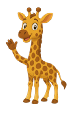 En farverig, tegnet giraf står og vinker med et venligt smil.