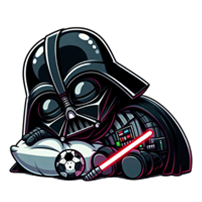 En tegnet karakter af Darth Vader, der ligger ned og holder en fodbold, mens han sover.