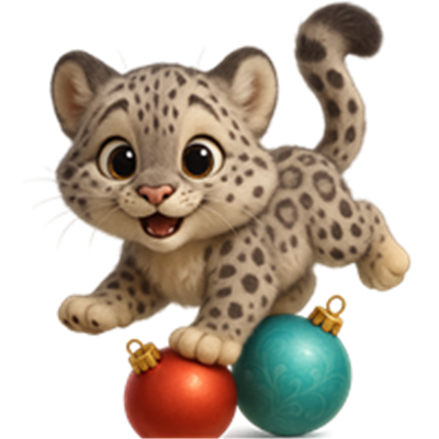 En sød sneleopardunge, der leger med farverige julekugler, udstråler glæde og livlighed.