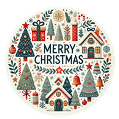 Farverig illustration med juletræer, gaver og huse med teksten MERRY CHRISTMAS.