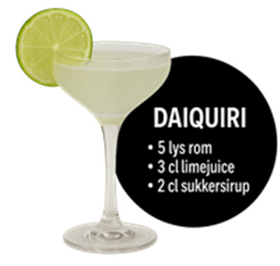 En lækker daiquiri med rom, limejuice og sukker sirup, præsenteret i et elegant glas.