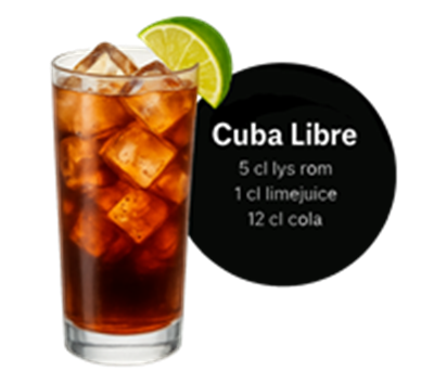 En lækker Cuba Libre cocktail med ingredienser og opskrift.