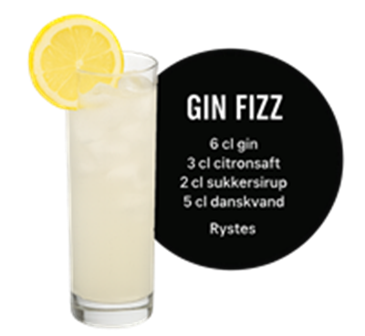 En opskrift på Gin Fizz med ingredienser og fremgangsmåde.
