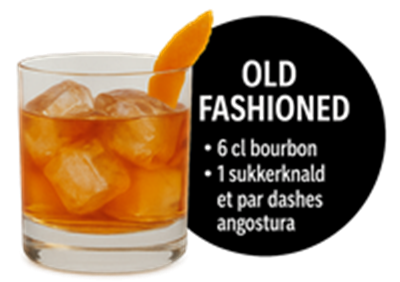 En klassisk Old Fashioned cocktail med bourbon, sukker og angostura.