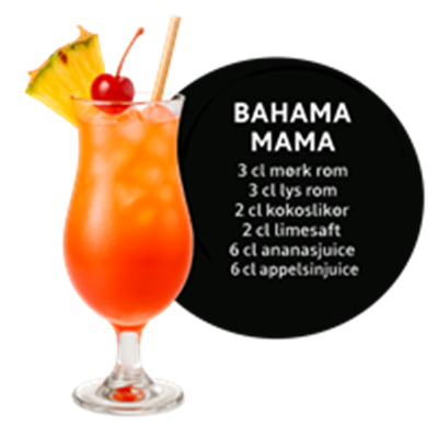 En farverig cocktail med rom, kokoslikør og frugtsafter, præsenteret i et glas.