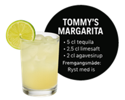 Billedet viser en opskrift på Tommys Margarita med ingredienser og fremgangsmåde.