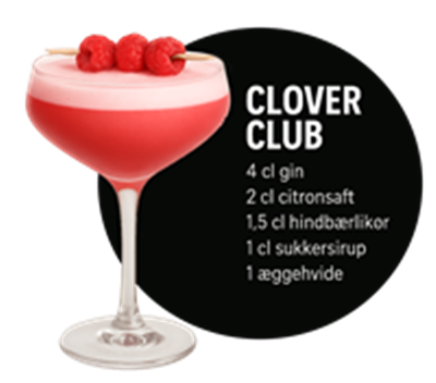 En farverig cocktail med gin, hindbærlikør og æggehvide, pyntet med hindbær.