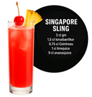 En lækker Singapore Sling cocktail med opskrift og ingredienser.