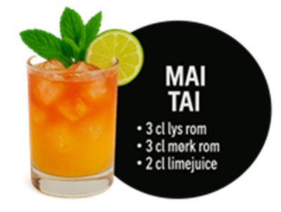 En farverig Mai Tai cocktail med ingredienser og pynt af lime og mynte.