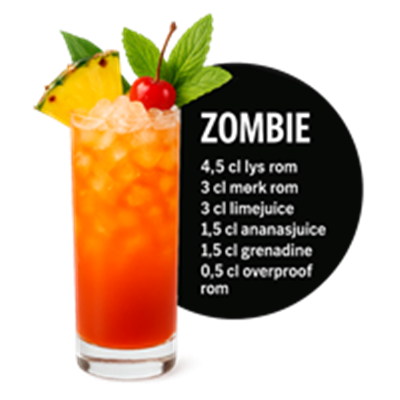 En farverig cocktail opskrift med rom, frugtsafter og garniture.