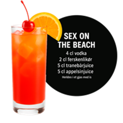 En farverig cocktail med vodka, ferskenlikør, tranebærjuice og appelsinjuice.