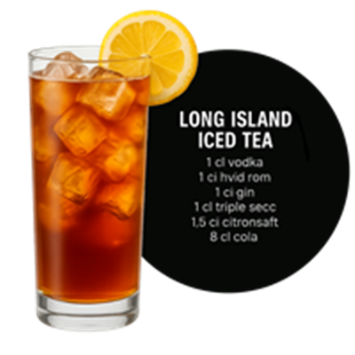 En opskrift på Long Island Iced Tea med ingredienser og en skive citron som pynt.